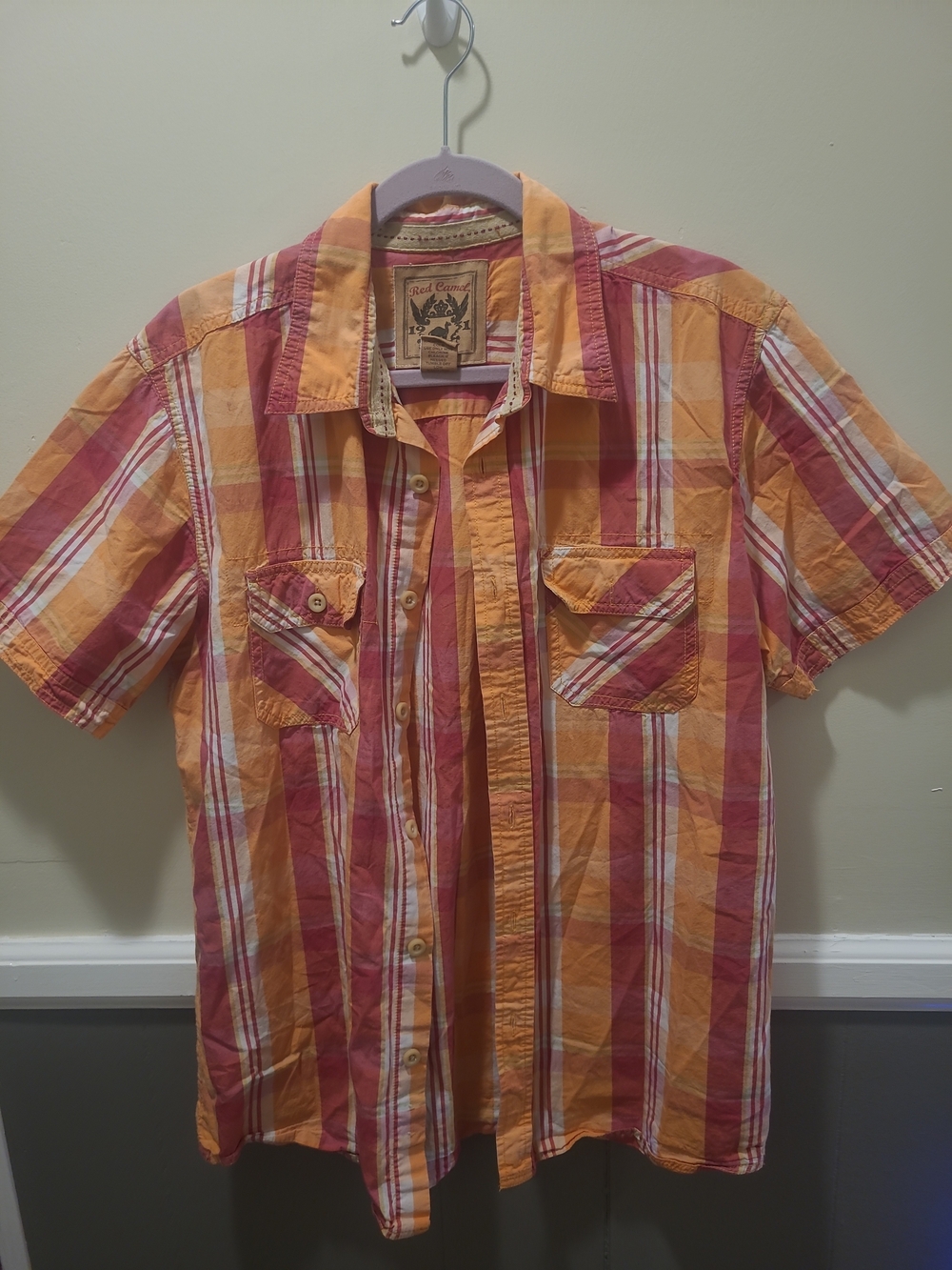 Red Camel Mens Plaid Large Button Down Short Sleeve Shirt 1931 Pink Orange Pockt